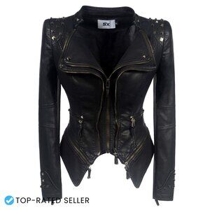 Faux Leather Biker Jacket Studded Slim Fit Aviator Style Long Sleeve